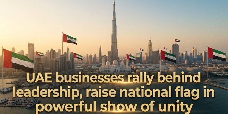 UAE national flag waving over Dubai skyline at golden hour during historic business unity moment April 2026